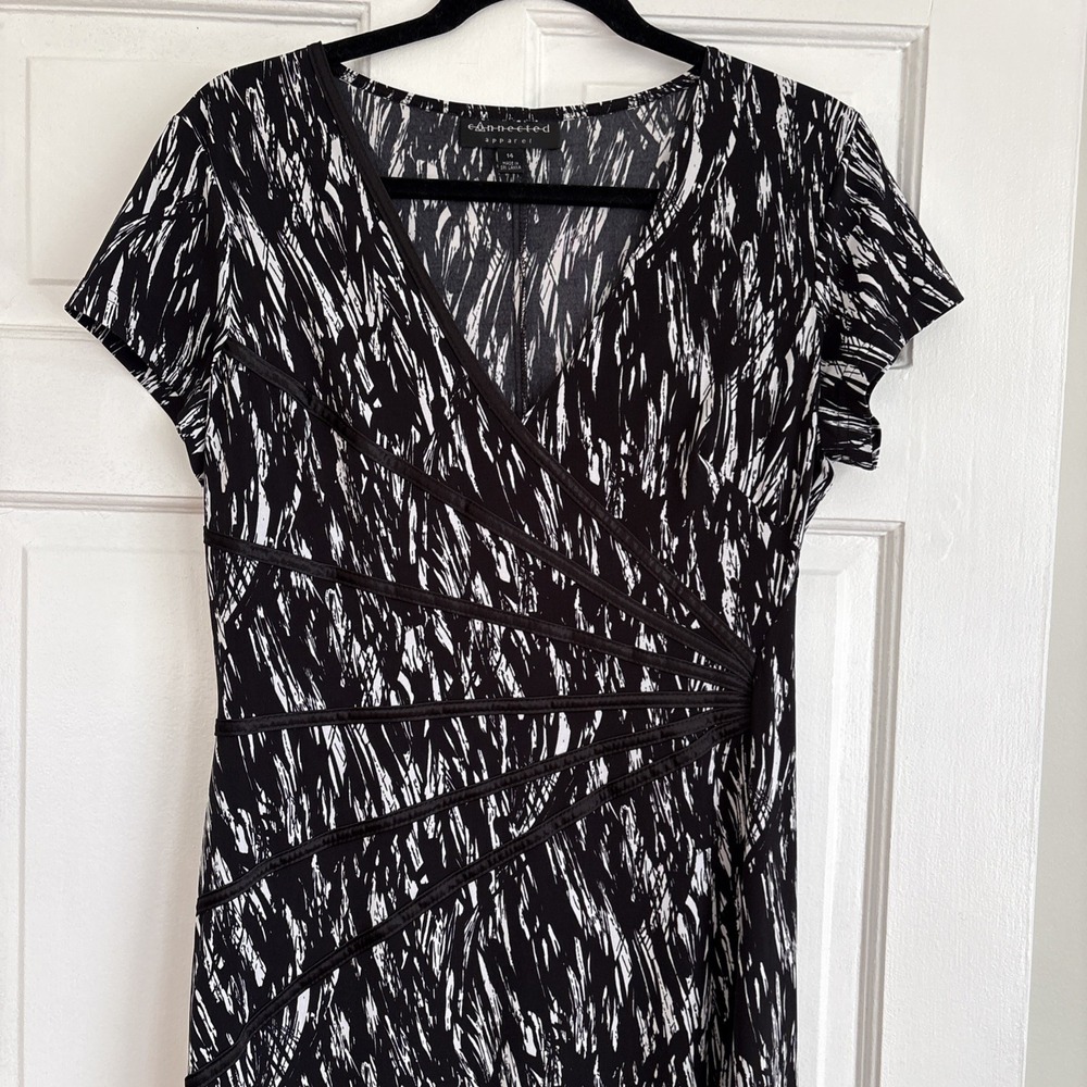 Connected Apparel Black White Abstract Print Faux Wrap Sheath Dress TR021846M 14